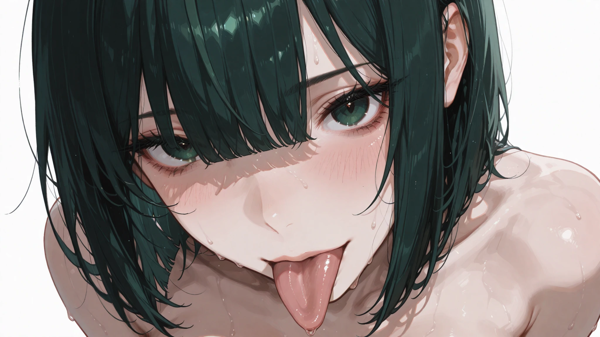 masutepiece, Best Quality,  1girl in,Smile,komeiji koishi, hat,hat bow,Green hair,Green eyes(Eyes of Hearts),symbol-shaped pupils, eyeballs,Bedroom background,fullnude、Face during estrus、Courtship attitude、A slender、It is dripping with the mouth open and the tongue sticking out、full body seen