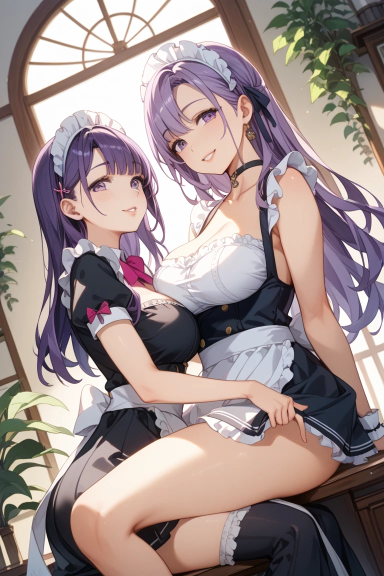 2girl,Super detailed,((naked)),Maid Headband,Twin tails,Wipe windows with a rag