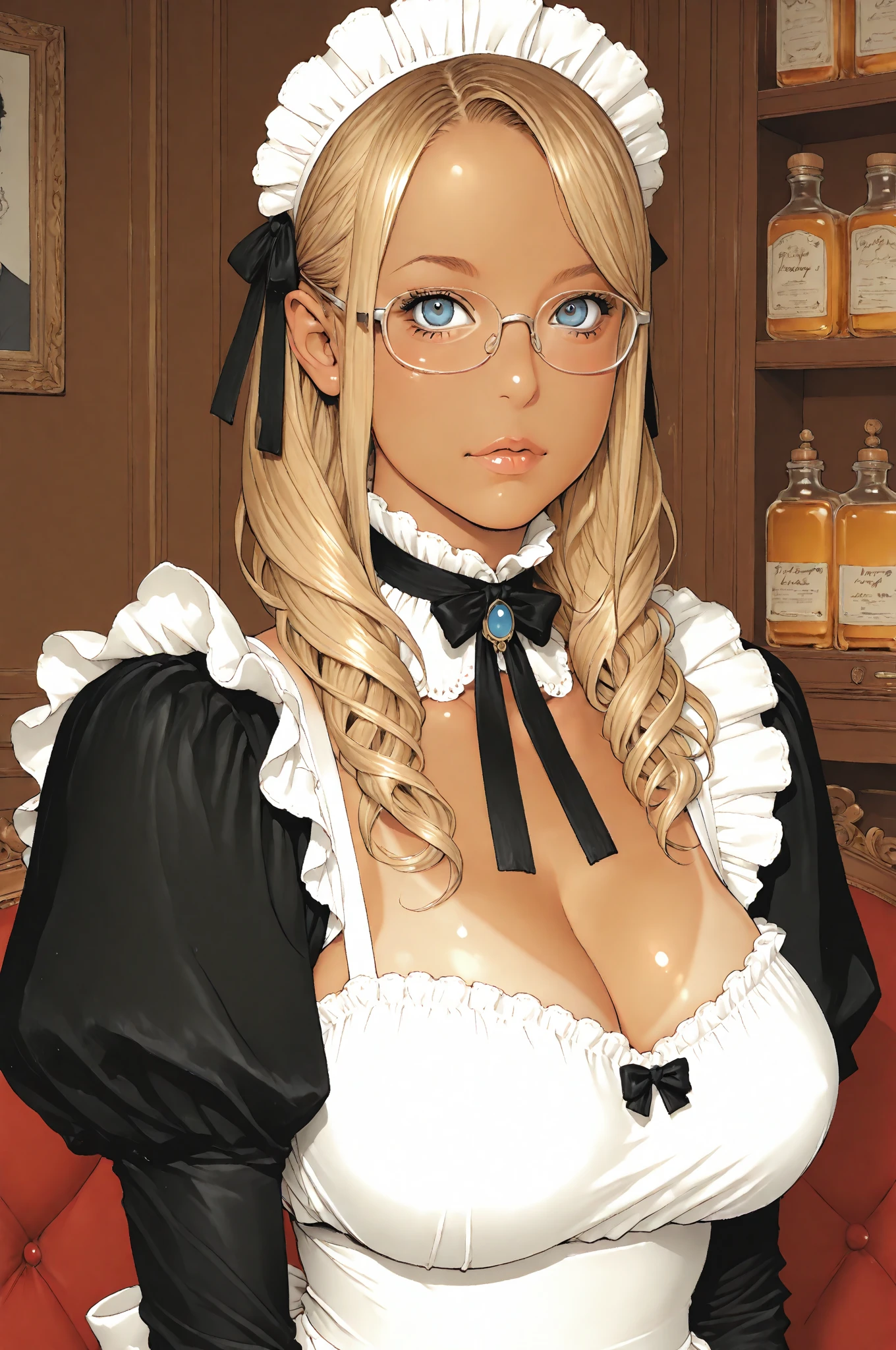 upper body shot, 1girl, mature female, short blonde hair, detailed pupils, (medium breasts), glasses, red lipstick, corset, indoors, high quality, absurdres, <lora:add_detail:0.8> <lora:Amazing-Corsets-V1:1>