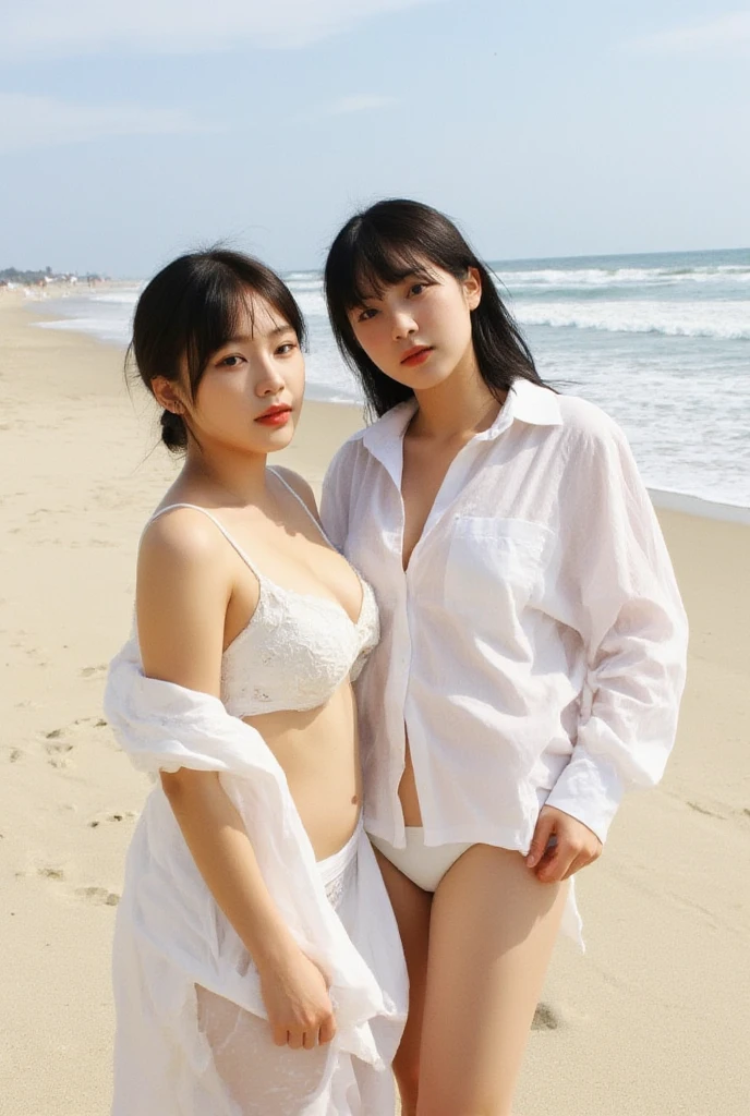 beautiful Asian woman in her 20s with her friend ,topless,public beach