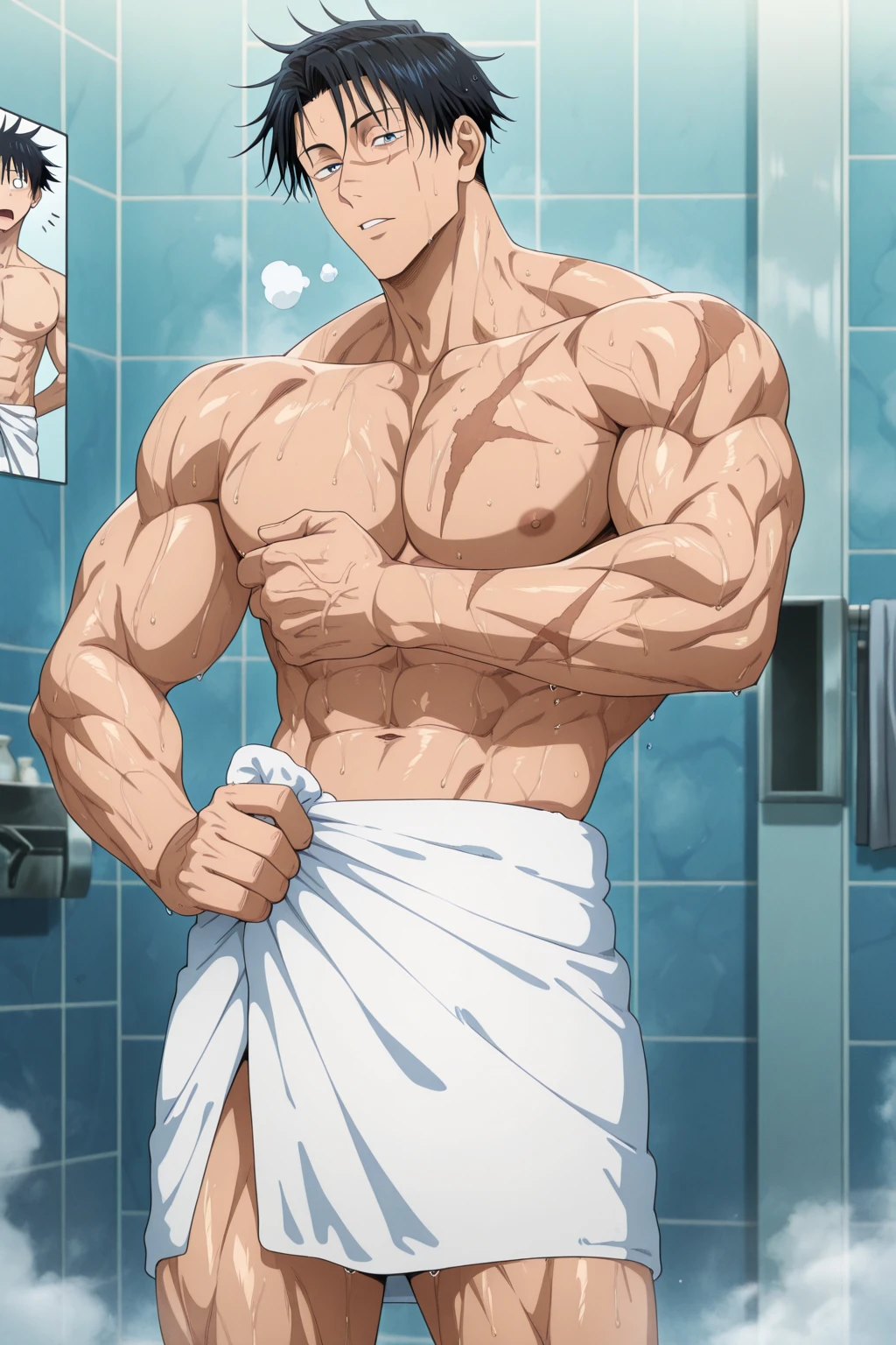 <lora:add_detail:1>, 16k cg wallpaper, 16k ultra hd, 8k cg wallpaper, 8k ultra hd, photograpic, <lora:Alaindelon:1>, alaindelon, closed eyes, day, facial hair, looking back, muscular, mustache, pectoral cleavage, reference inset, short hair, white tank top,
