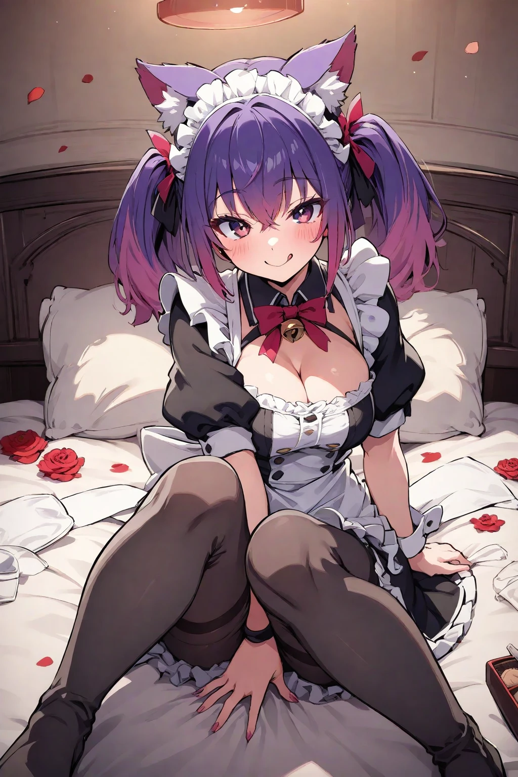 1girl, short purple hair, purple eyes, light smile, wearing maid costume, close portrait, sitting, close, high res, ultrasharp, 8K, masterpiece, looking at viewer
