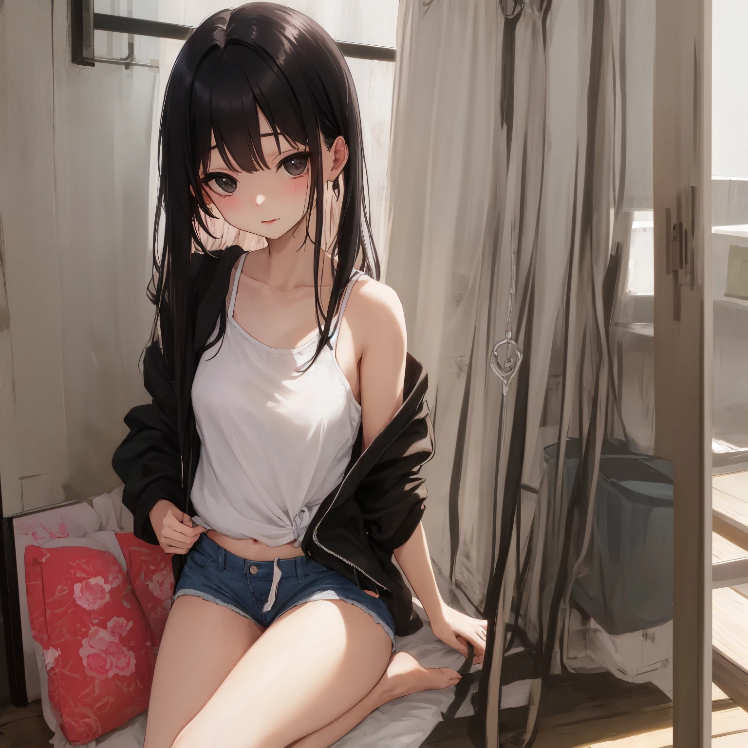 highest quality、1 female、inside the room、Chair、black hair、straight hair、long hair、blue eyes、dark room、white t-shirt、transparent nipples、light blue panties、Twine bread、E cup、Navel exposure