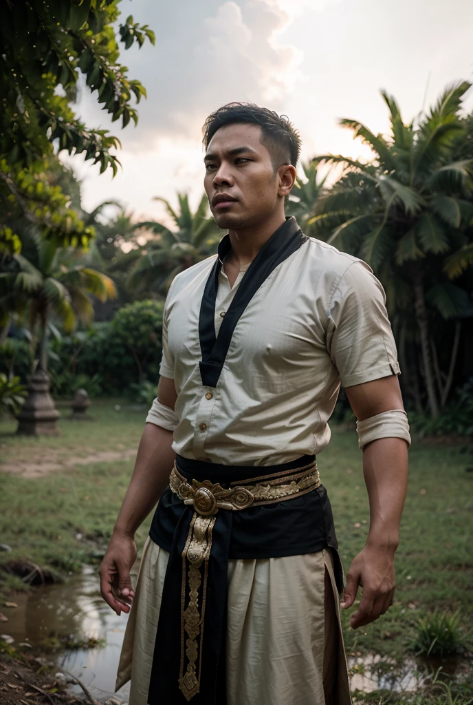 there is a man with a sword standing in front of a temple, inspired by Ma Quan, inspired by I Ketut Soki, sukhothai costume, inspired by Chang Dai-chien, inspired by Li Kan, inspired by Gao Kegong, inspired by Gong Xian, tai costume, inspired by Fan Kuan, matte painting portrait shot
