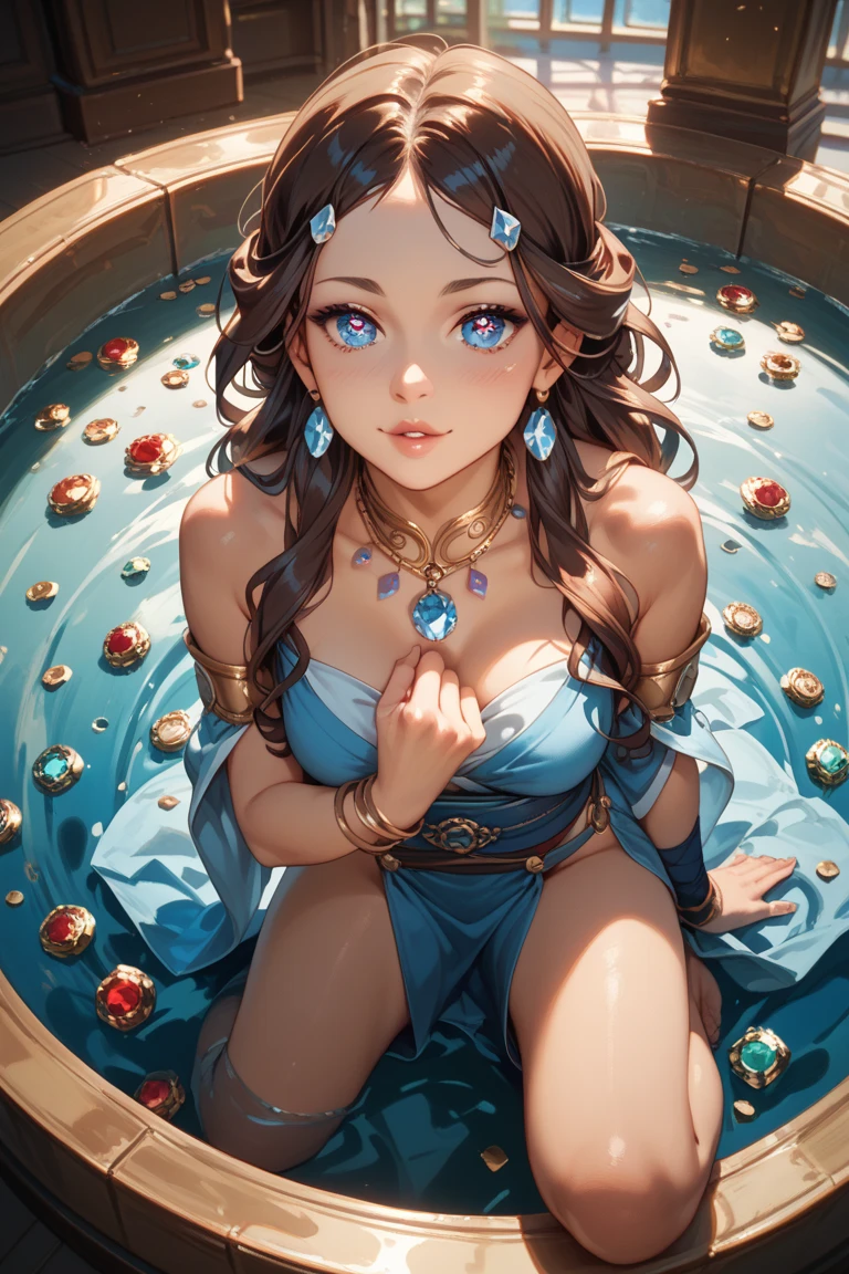 Masterpiece, top quality, super detailed CG, intricate details:1.5), 8k wallpapers, elaborate features,
(1 person, solo:1.4), perfect cartoon illustration,1 girl, cute face, smiling, naked, her skin wet with hot water, taking a bath, spacious Roman termae