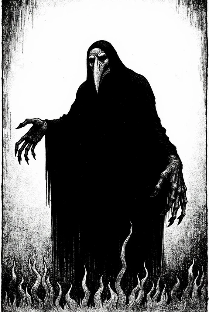 demon-style man, without ears, very large and wide nose, without human form (avatar style), white and gloomy face, very large, deep and black eyes, evil look, large and open mouth