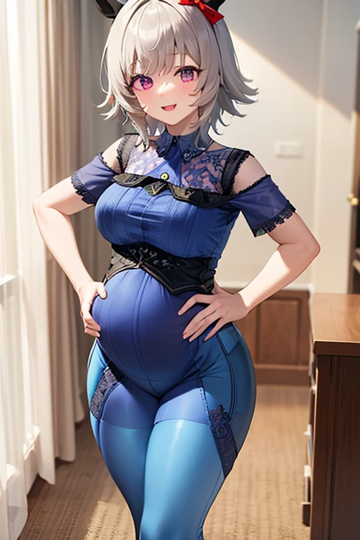 High, sharp focus, Pixiv masterpiece, ((intricate details)), very detailed, upper body, 1girl, rem_re_zero, blue hair, short hair, maid uniform, hair ornament, neckline, maid's headdress, separate sleeves, ribbon, full body, raised dress, exposed panties, white panties, Big Bump pregnant Belly, Big Pregnant girl, Largest Belly of Pregnant, Huge Pregnancy, huge 9 months Pregnancy Belly