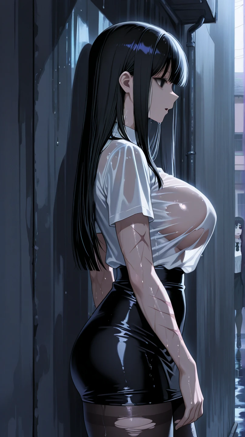 (masterpiece), best quality, expressive eyes, perfect face, yamamura sadako, 1girl, solo, sadako, (hair over eyes:1.4), dark theme, curvy, dark atmosphere, closed mouth, oversized white dress, ((long sleeves)), long dress, cowboy shot, ((from below)), serious, (pale skin:1.2), grey skin, (sagging breasts), ((hanging breasts:1.2)) ,(latget breasts), breasts focus, ((bent over)), ((breasts out))