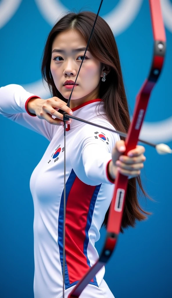 Ultra-high resolution，Women&#39;s Archery at the Olympics，Red outfit，real picture，（1 Korean beauty，Super beautiful，Fair skin）full-body shot，Panoramic vistas，Wide-angle lens，Olympic Games venue，Professional equipment，Focus，Ten rings，Olympic competition background