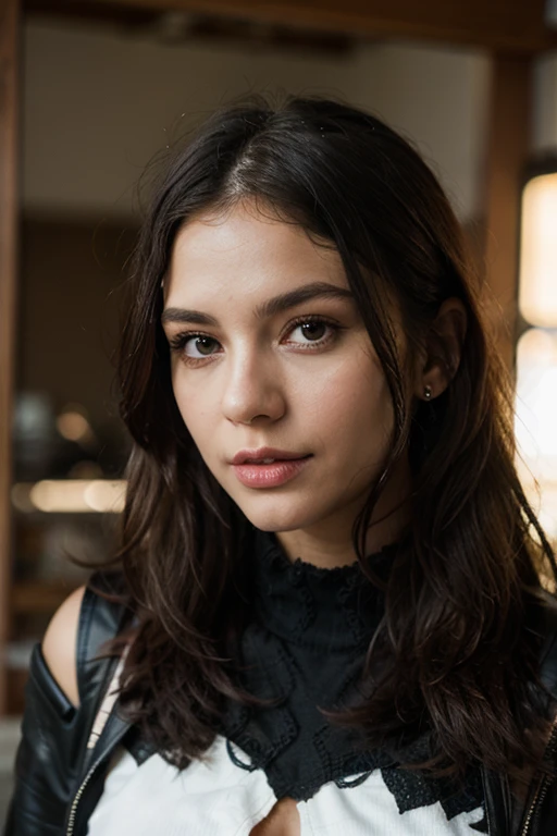 ((best quality)), ((masterpiece)), (detailed), perfect face realistic photo of beautiful woman with long dark brown hair, Russian, influencer, light freckles, dark brown eyes, big lips, no makeup, instagram, in a black dress posing for a picture, glossy plastic, wearing a fisher 🧥