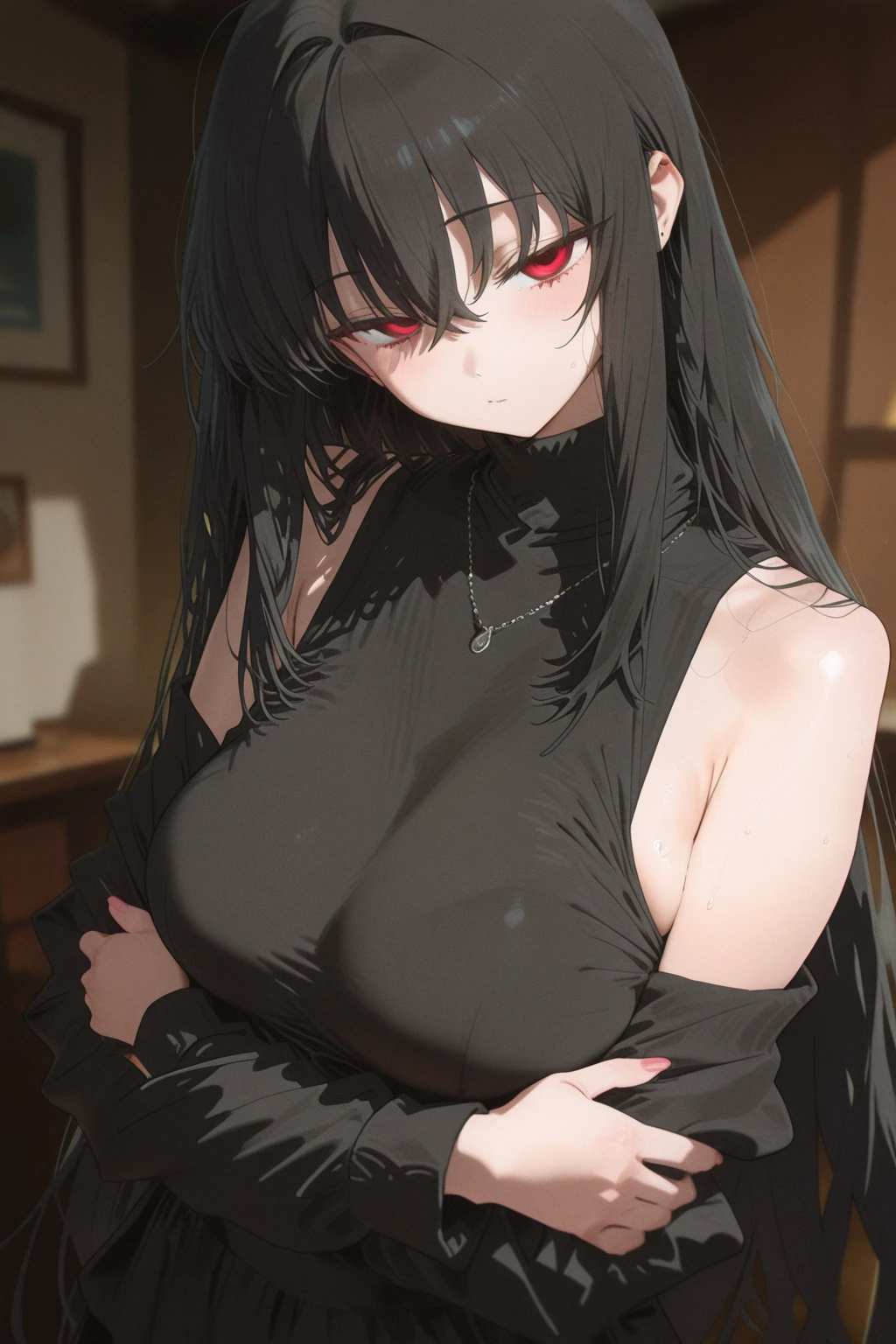 best quality, amazing quality, very aesthetic, absurdres, 1girl, rio (blue archive), blue archive, red eyes, black hair, strapless, (artist official art:1.5), (realistic face), (narrowed eyes), (cowboy shot:2), (concept art:1.5), panties, (thigh), expressive eyes, perfect face, 4k, extremely detailed anime illustration, extremely detailed eyes, enhanced details, perfect anatomy, light rays, photo background, extremely delicate body, smooth skin, feminine expression, (black background:1.5), cristal clear eyes, beautiful face, big breasts