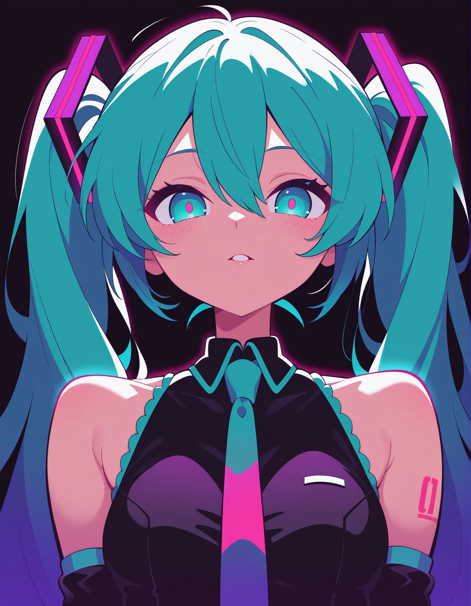 fl1phrrr5tyl3,, Hatsune Miku,limited palette,black background,colorful,vibrant,glowing outline,neon,blacklight,looking at viewer, masterpiece, very aesthetic