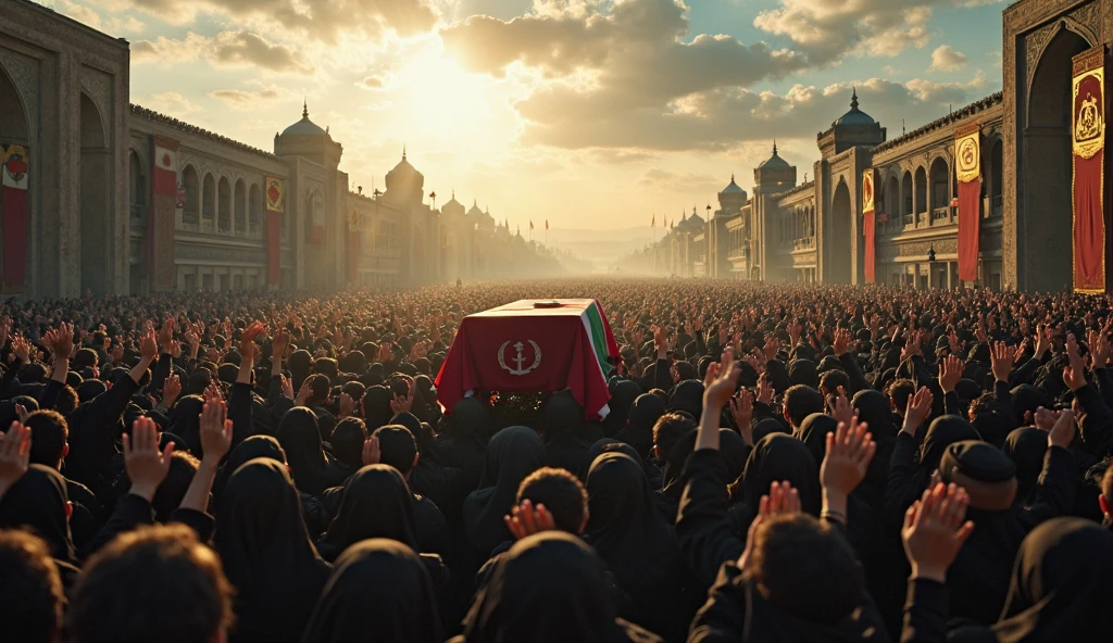 A powerful image from an old camera of a martyr’s funeral procession in Qom. The casket, draped in the Iranian flag, is carried by a sea of mourners, Iranian men and women in hijabs, their faces marked by grief and determination. The sky is overcast, with the crowd moving solemnly through the streets. The photograph’s slight graininess and muted tones reflect the somber mood and the time period.