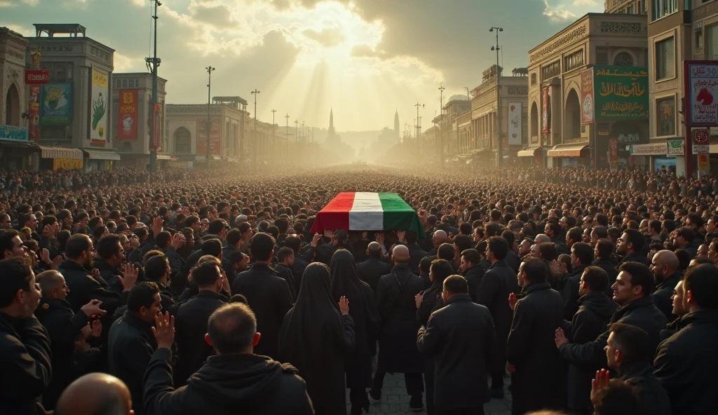 A powerful image from an old camera of a martyr’s funeral procession in Qom. The casket, draped in the Iranian flag, is carried by a sea of mourners, Iranian men and women in hijabs, their faces marked by grief and determination. The sky is overcast, with the crowd moving solemnly through the streets. The photograph’s slight graininess and muted tones reflect the somber mood and the time period.