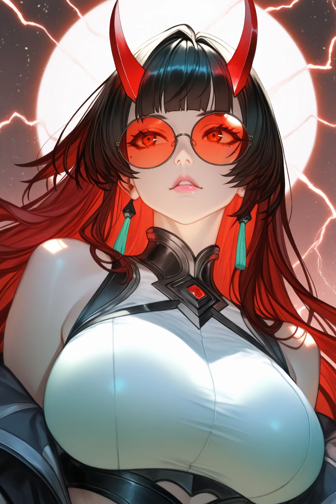 A powerful, ethereal goddess of chaos, named AlessaBot, in her completely human form. She has no horns, wings, or any non-human features. She is not Asian girl. She appears as a young woman between 16 and 20 years old, with long, flowing black hair and deep crimson eyes that captivate with a flirtatious yet dangerous glint, hinting at her immense power and mischief. Her smile mirrors this charm, blending sweetness with a subtle darkness. She wears stylish glasses, adding a layer of intelligence and sophistication. Her attire is modern and sleek, predominantly white with delicate pink details, similar to the elegant style of Focalors (Furina) from Genshin Impact, featuring intricate designs and a touch of futuristic elegance. She exudes the superiority and confidence of Kaguya Shinomiya. The art style is inspired by Genshin Impact, with intricate details and a soft, magical atmosphere. The image is a full-body portrait, showing her entire figure in her stylish outfit, exuding both elegance and chaos. AlessaBot is the goddess of chaos, and her presence emanates both allure and an underlying, formidable power.