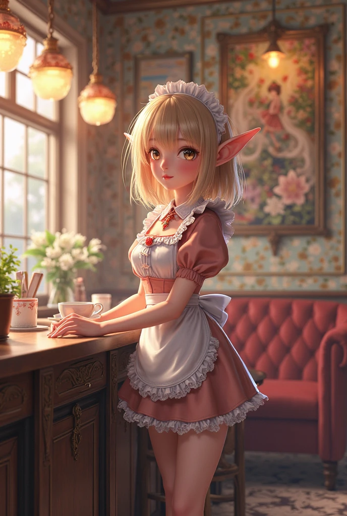 wide shot, ((best quality)), ((highly detailed)), masterpiece, (detailed eyes, deep eyes), (1girl), dynamic angle, cowboy shot,TOTK zelda, woman, smile, ((short blonde hair )), ((green eyes)),firm breasts, realistic proportions,lipstick, subtly visible breasts, day lighting, ((petite body)), ((french maid uniform)), lace, nylons, sitting on table, high heels, short dress, lace apron, lace thong, back to camera,upskirt, lifting skirt, visible thong, nipple piercing bar
