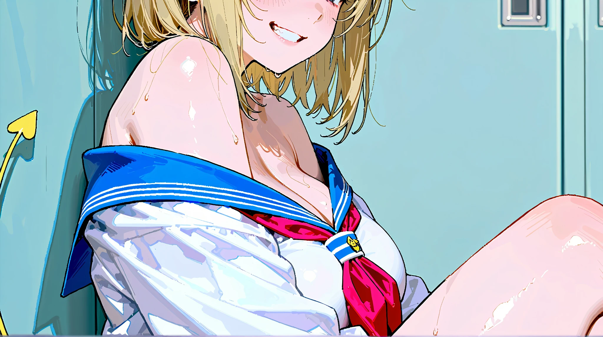 Gradient with pink tips,Blonde,Twin tails up to the shoulders,Red eyes,high school girl,A pleasant looking face,Slightly curled twin tails,nsfw,medium breasts,steam,full body,Navy blue knee socks,Navy Blue Skirt, spread legs,Selfie