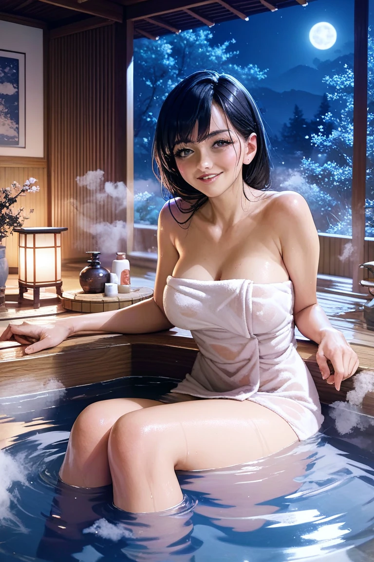 (NSFW), 1womanl, Solo, 24 year old, 7headed body, (cute  face), (Ideal ratio body proportions), ryokan, Indoor open-air bath, bath robe, Soaking in hot water, Smiling smile, erectile nipple, Sexy body, Wet, short-hair, Dark hair, small tits, A slender, Small buttocks, beauty legs, Skinny Legs, surrealism, Cinematic lighting, depth of fields, One-person viewpoint, F/1.8, 135 mm, nffsw, masutepiece, ccurate, ((Anatomically correct)), Textured skin, Super Detail, high details, High quality, awardwinning, Best Quality, hight resolution, 8K