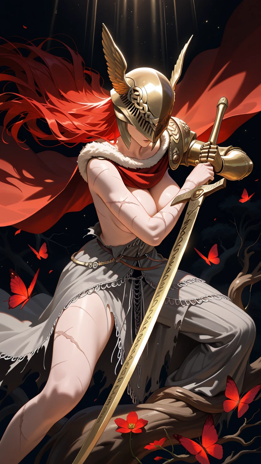 1girl, MaleniaRot, wings, covered eyes, scar, butterfly, bug, nude, completly nude, prothestic leg, single mechanical arm, prosthesis, <lora:MaleniaXLV2:1>, cowboy shot, sword, holding sword, fighting stance,