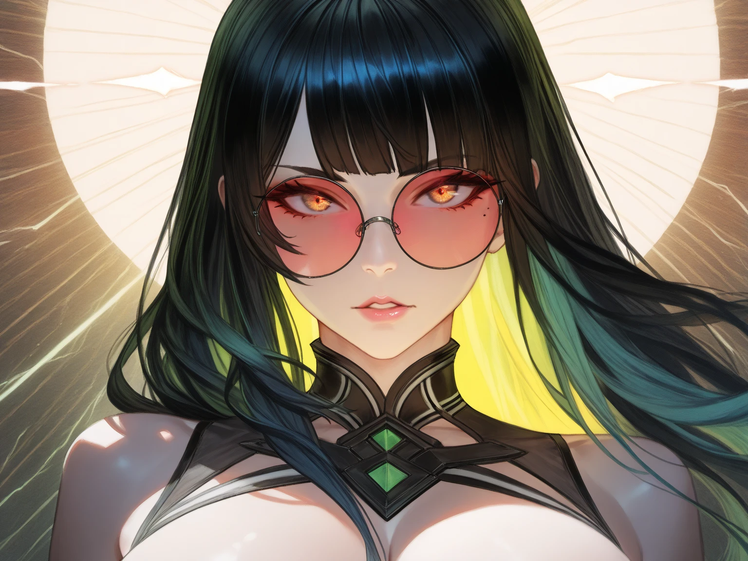 Masterpiece, Best quality,look from down,《Fearless viper》, 比基尼, mitts, belt, thigh boots,, view the viewer, face, Portrait, Close-up, Red-faced,Glowing eyes, green smoke, Black background,huge tit,Raised chest,Close-up of chest,oversized boobs,chest focus,woman in bikini,angry look,Extremely erotic figure,Staring angrily at the screen,Facing the screen,High-gloss dark style