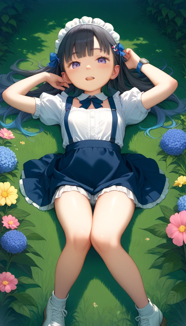 Miku Nakano with long black hair, a short blue skirt, a short white t-shirt with blue edges, lying sensually on the green grass.