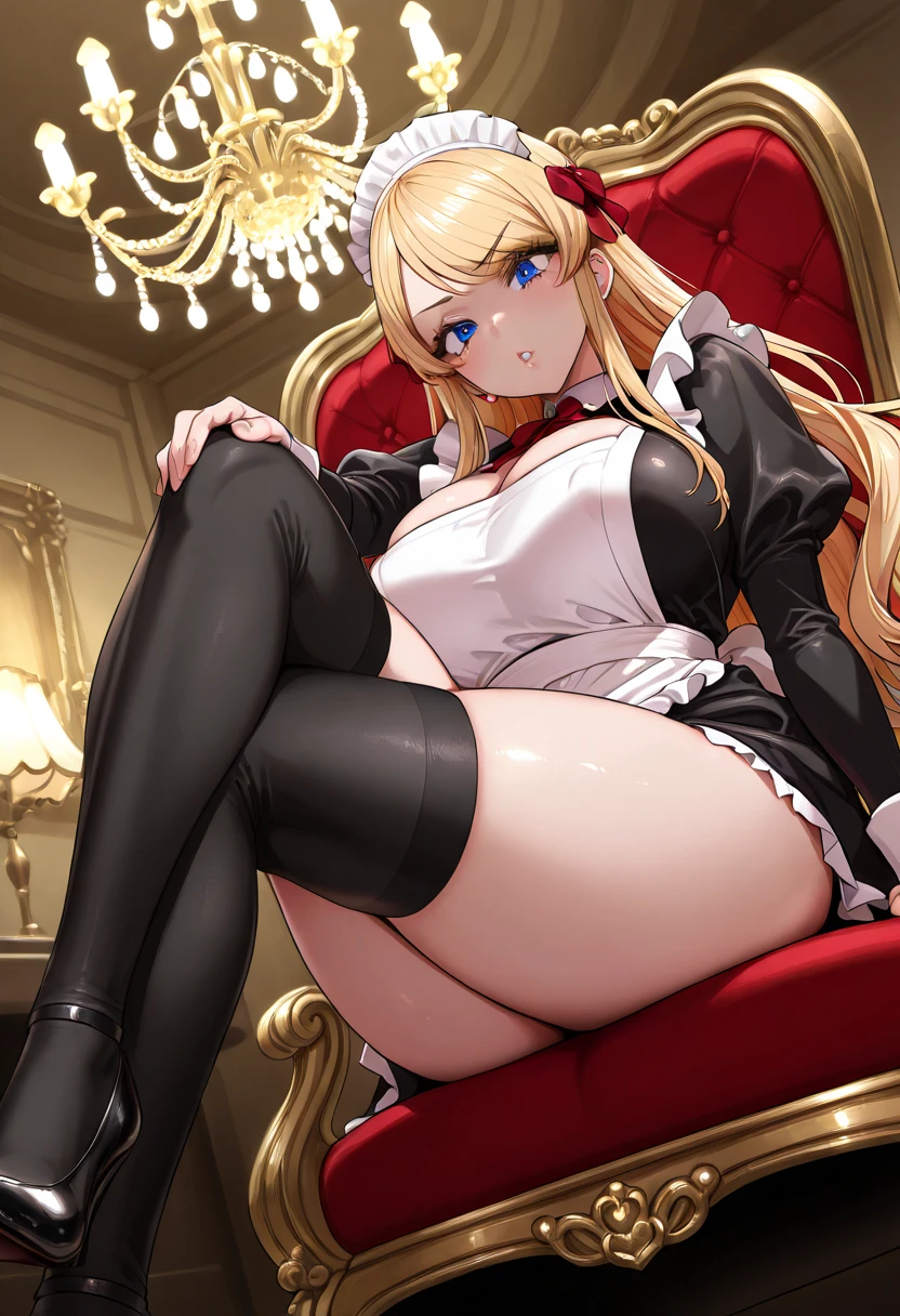 score_9,score_8_up,score_7_up,score_6_up,score_5_up, , 1girl, solo, luxury, gold trim, curtains, couch, throne, spread legs, leg up, sitting, huge breasts, crop whip, anime, sunlight, (specular lighting:1.4), sarielx, dominatrix, soft particles, o-ring top, corset, peaked hat, white panties, thigh boots, huge breasts, smirk, blush, anime cels style, best quality, high resolution, 1girl, (huge breasts:1.2), beautiful face, cowboy shot, heterochromia, braided ponytail, braided bangs, looking at viewer, yellow right eye, blue left eye, pov from below