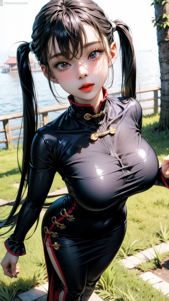 ((cola de caballo alta:1.5)),(((flequillo contundente,flequillo recto:1.1))),(((pelo negro muy largo, ridiculously long black hair:1.1))),skin completely covered by clothing, high detail, Full body, wearing (tight shirt:1.2), beautiful detailed face, hazel eyes, (attractive fitness woman:1.3), (seductive:1.1), (blushing:1.1), hourglass body shape, complete shiny aerobic black and red latex bodysuit, big round breasts