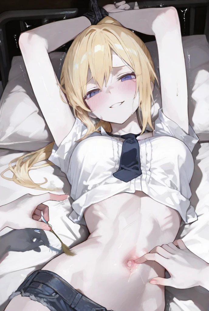 1girl, solo, asagao, long hair, breasts, bangs, blonde hair, large breasts, hair between eyes, nsfw, 1boy and 1girl, 1boy, fat man, faceless male, {{{vaginal, sex}}}, 1girl, orange eyes, large breasts, shouting, blush, {{tears}}, shirt, nipples, pussy, lying, arms up, spread legs, Inside the tent, lanterns, sleeping bag, {{{{{{{{{{excessive cum}}}}}}}}}}, cowboy shot, {{{best quality, very aesthetic, ultra-detailed, extremely detailed, perfect anatomy}}}, {{{{{{{{{{game cg}}}}}}}}}}, interspecies, beautiful detailed, vector trace, 8k, insanely detailed and intricate, best quality, amazing quality, very aesthetic, absurdres