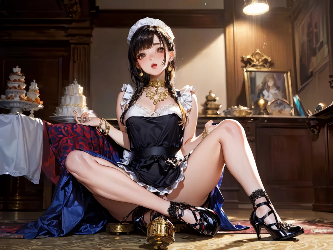 1 girl,gigantic cleavage breasts,Black tights,Slender legs,black lence stockings,sitting in the couch,Erlang's legs,looking toward the viewer,looking-down,Armed with a whip,Disdainful eyes,There is a piece of cake under the feet