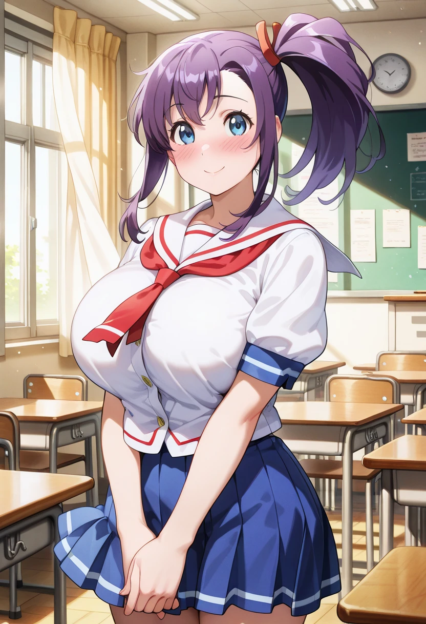 oboro、Medium Hair、Reddish purple hair、Super huge breasts、、Sailor suit、ee-through、smile、、classroom