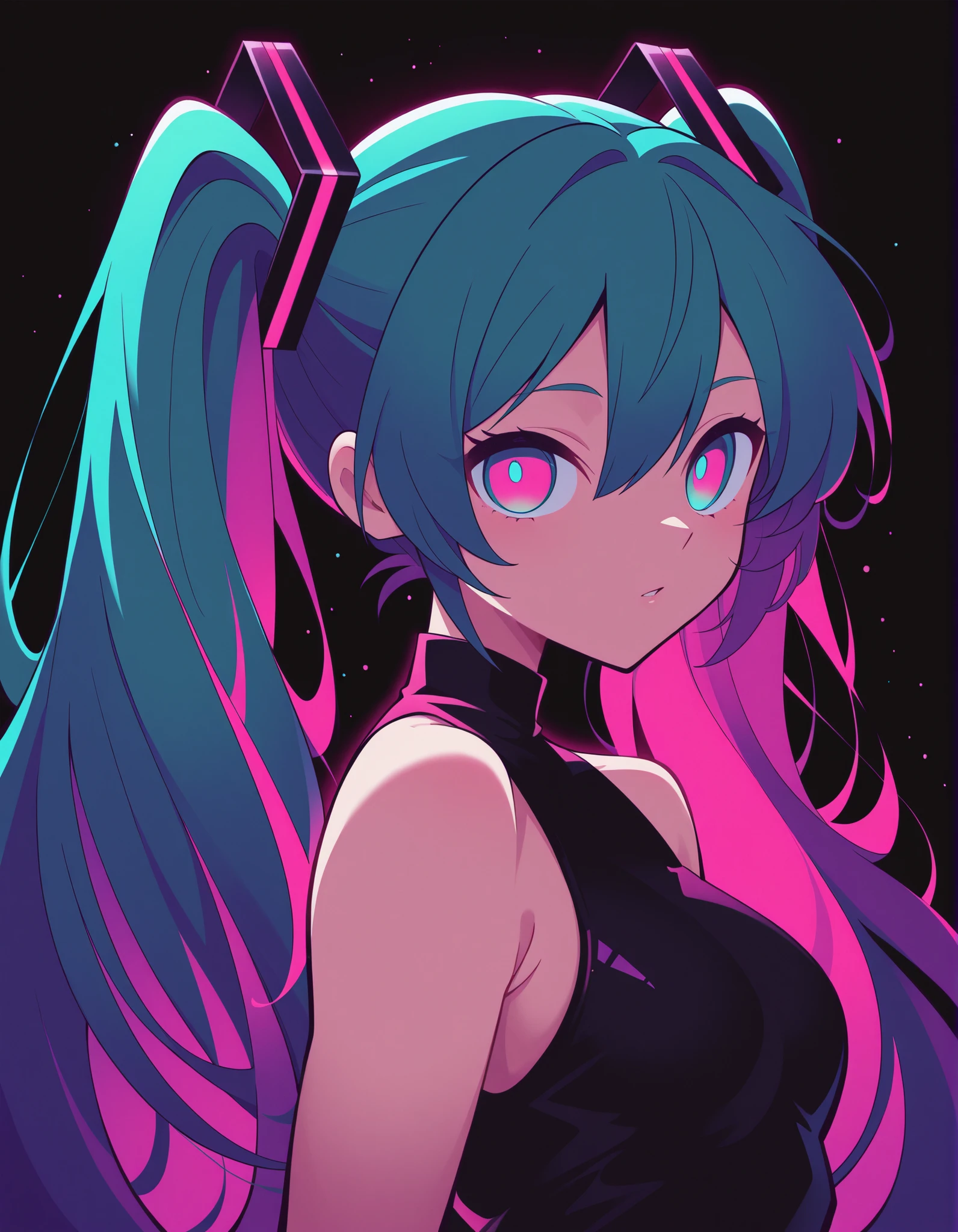 fl1phrrr5tyl3,, Hatsune Miku,limited palette,black background,colorful,vibrant,glowing outline,neon,blacklight,looking at viewer, masterpiece, very aesthetic