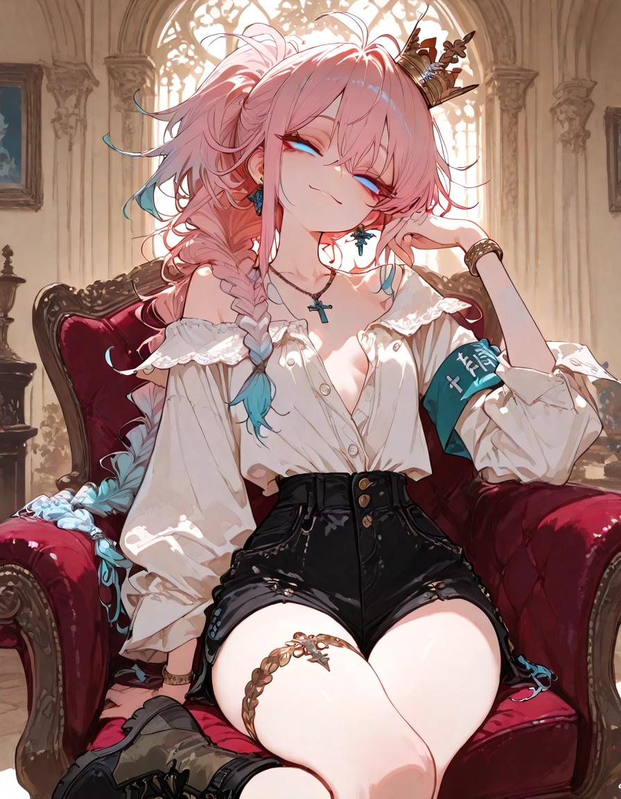 high resolution, detailded, work of art, mascle，naughty man，young teenager，Young men, piercing na boca, messy pink hair with bangs, The bottom is the room，extremely details，realistic light and shadow best quality，face red，Look at the lens
