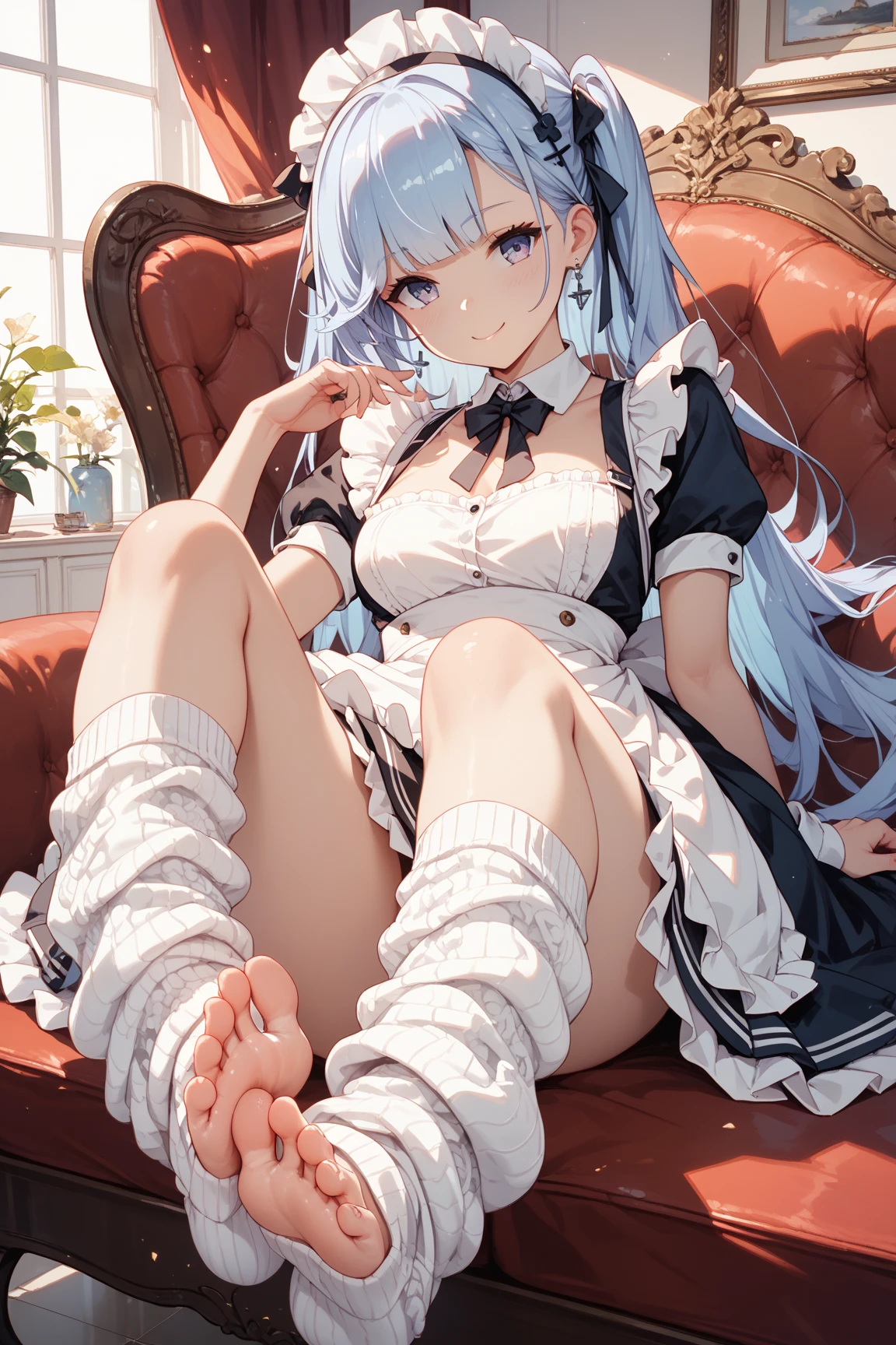 (masterpiece),(highest quality),Anime,(extremely detailed),1girl,solo,feet,soles,foot up,privatymaid,twintails,very long hair,cat ears,maid headdress,hairclip,cleavage,huge breasts,neck bell,bow,maid apron,white gloves,elbow gloves,garter straps,white thighhighs,blue hair,yellow eyes,
looking at viewer,blush,;3,
sitting,straight legs,weird atmosphere,(best quality:1.1),(masterpiece:1.2),high quality shadow,beautiful detailed,(high detailed skin, skin details),(wide_landscape, 8k),beautiful face,detailed eyes,depth of field,dramatic light,best quality,highres,best shadow,best illumination,