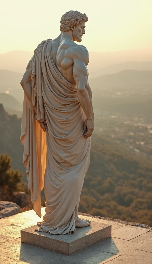 A Greek god standing looking at the night sky from behind in the style of old Greek art