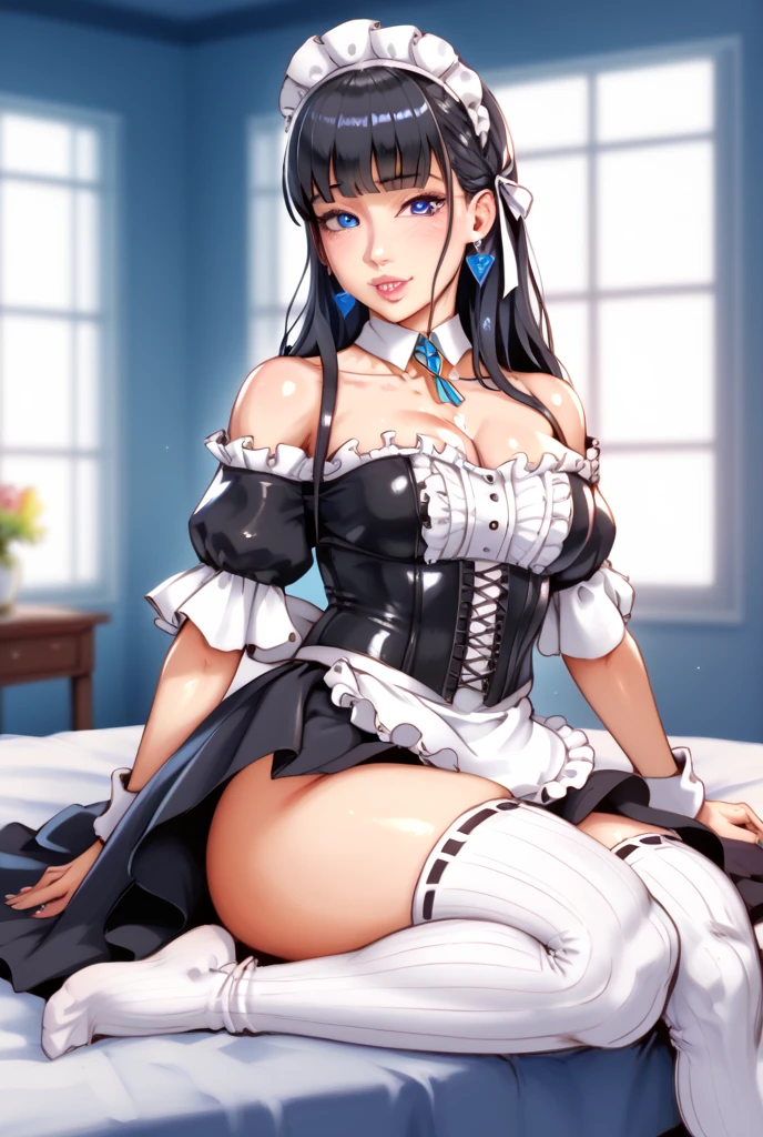 table top,highest quality,be familiar with, NSFW,expensive, 9 heads and bodies, squat,Arm behind wrist,1 girl, Ahegao, cute eyes, black eye, open your mouth, droop, The whole face turns red, alone, mansion, crotchless panties, big and full breasts, (dull bangs, ponytail), white maid outfit、whole body
