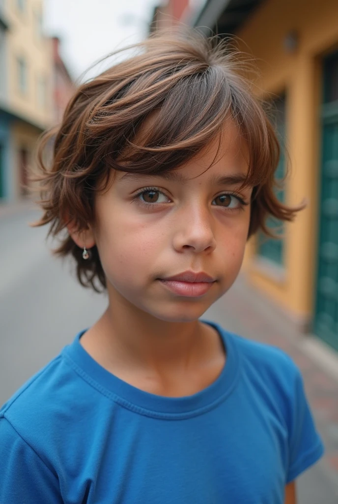 Boy who have curly hair and light brown skin colour nose are big not so big triangular face