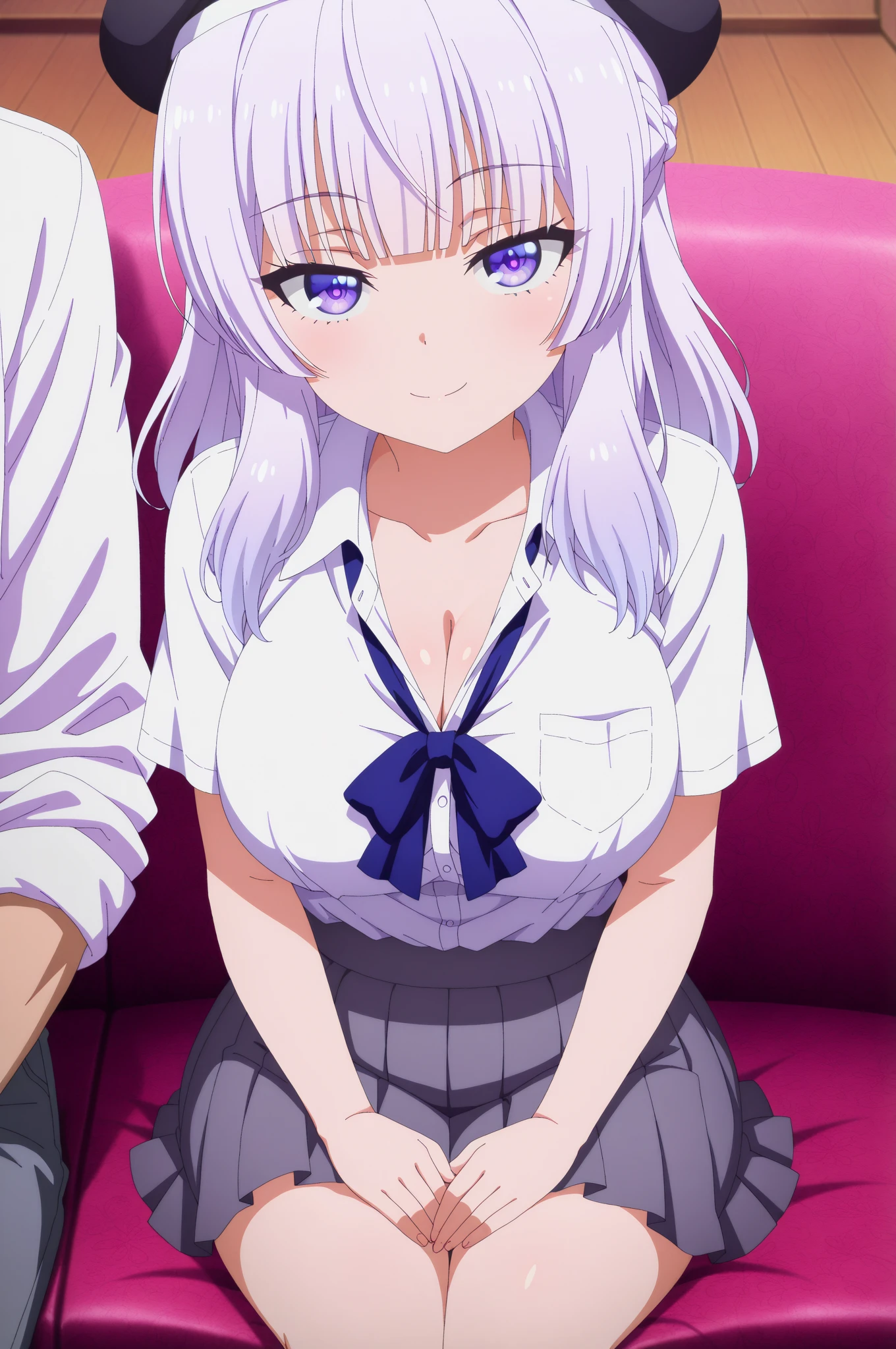 score_9, score_8_up, score_7_up, score_6_up, source_anime,masterpiece,best quality,highres,absurdres,official art,official style,source_anime,anime screencap,anime coloring,megami magazine,anime,animated,BREAK
<lora:ssss_shinjou_akane:1> ssss_shinjou_akane, light purple hair, large breasts, purple eyes, detailed eyes,purple bow, white shirt, skirt,
indoor, living room, window, sunny, POV, large ass, (from behind)
from behind, pov, (sitting on lap), 1boy, looking at viewer, cleavage,
<lora:pov_sitting_on_lap_v0.1-pony:1.3>