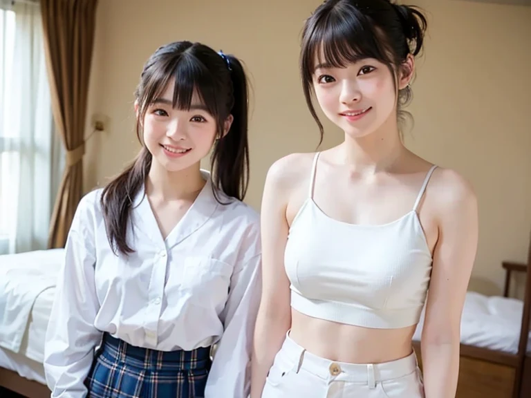 Two girls standing at ear window in school classroom,White dress,break,bangs,smile,Short hair with low pigtails,from before,Front light,((Little girl at 14 years old、slender、delicate、Sexy clavicle and flat chest、Very small breasts))、My whole body is soaked、Lifting the hem of her skirt to show her white panties