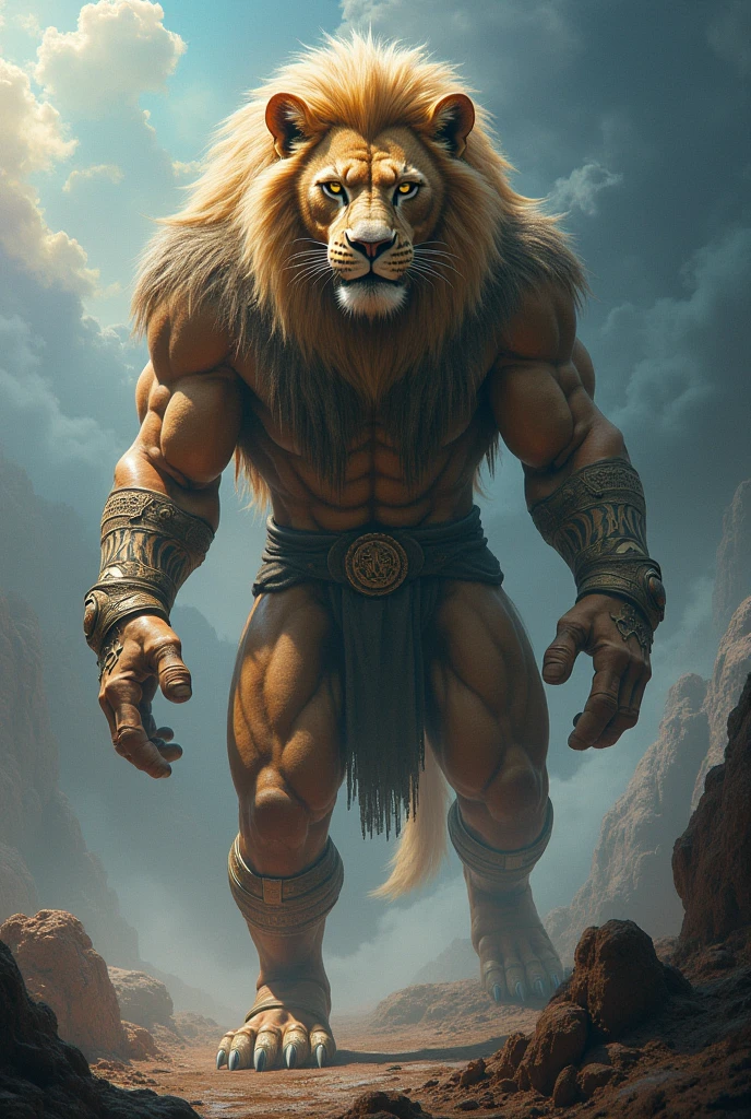 (highres,masterpiece:1.2), detailed lion(mane:1.1, fur, muscles), powerful male lion, prominent loincloth bulge(well-defined:1.1), muscular body, muscular legs, majestic golden fur, roaring lion, expressive face, captivating eyes, sharp claws, dense fur texture, realistic rendering, intense lighting, vibrant colors, regal posture, commanding presence, confident expression, dominating presence, dominant character, strong physicality, fierce and intimidating, King of the Jungle belly bulge‚ big sphere belly