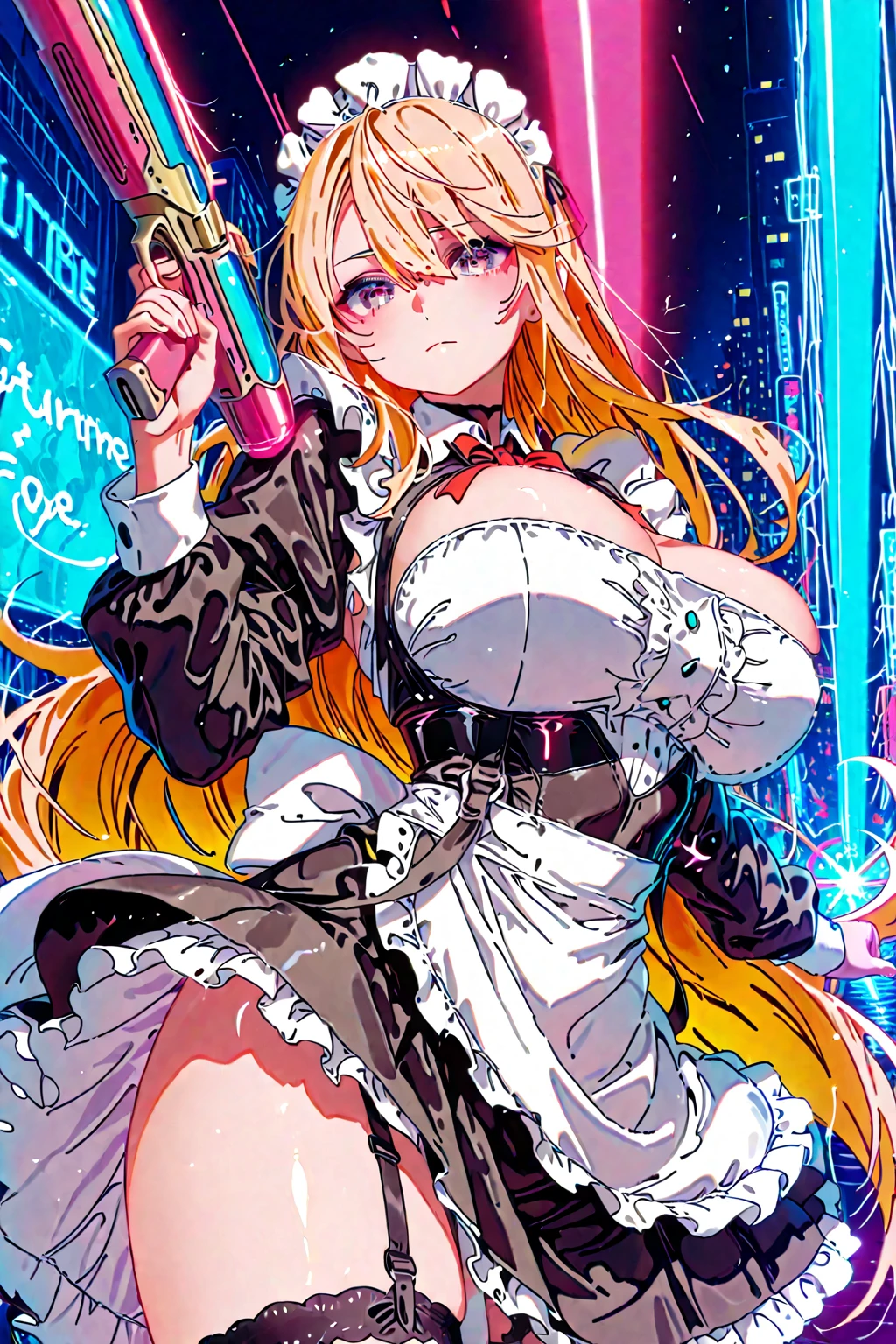 (masterpiece), best quality, expressive eyes, perfect face, Sexy female, (((bimbo))), blonde hair, green eyes, huge breasts, huge butt, full body, seductive, horny, lesbian, (1girl), (white mini jacket), (black mini dress), gold bracelets, black choker, gold hoop earrings, black belt with gold buckle, black high heels, (salon background), plump lips, pink lipstick