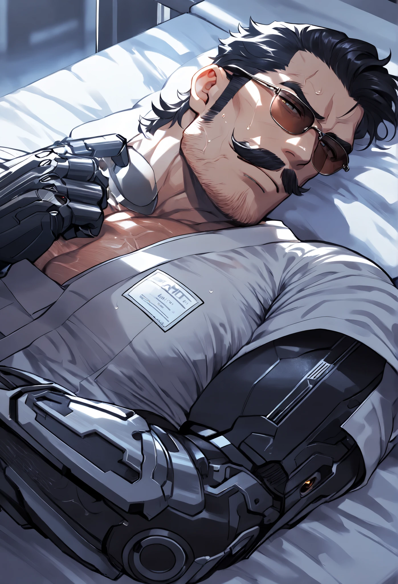 A middle-aged robot mafia boss man, Detailed face, Captivating look, moustache, Masculine face, Muscular body, Prominent veins, wearing patient clothing, sunglass, alone, lying down on the bed, hospitalized,in the hospital at midnight, sweaty body, mechanical prosthetic arms, only a man, Captivating butt, A lustful look
