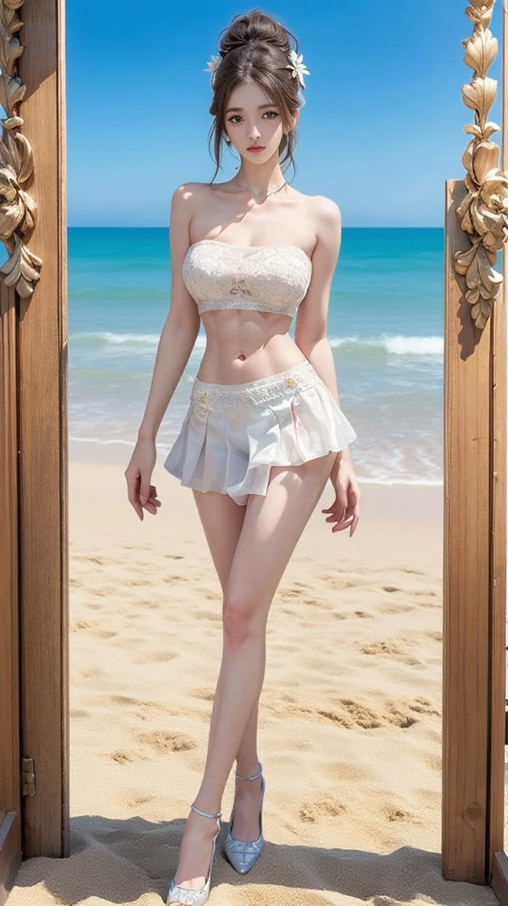 1girl, red hair, green pale eyes, solo, breasts, smile, open mouth, navel, holding, bare shoulders, jewelry, flower, earrings, midriff, sexy transparent swimwear, supermodel body, necklace, off shoulder, bracelet, see-through, white flower, gem, holding flower, multi-tied hair, (realism), (masterpiece:1.2), (best quality), (ultra detailed), (8k, 4k, intricate),(full-body-shot:1), (85mm),light particles, lighting, (highly detailed:1.2),(detailed face:1.2), (gradients), sfw, colorful,(detailed eyes:1.2)(detailed background),detailed landscape, (dynamic angle:1.2), (dynamic pose:1.2), (rule of third_composition:1.3), (Line of action:1.2), thigh gap:1.3, thin thighs, bare foot, ((backside))
