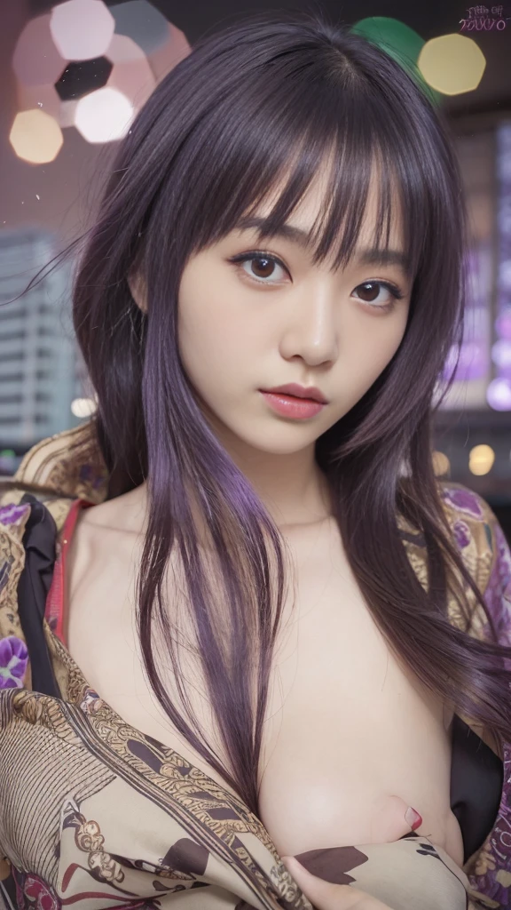 1girl, very beautiful japanese girl, blunt bangs, one big braid, wide sleeves, hair ornament, japanese clothes, red obi, (purple hair:1.2), very long hair, straight hair, looking at viewer, dslr, ultra quality, sharp focus, tack sharp, dof, film grain, Fujifilm XT3, crystal clear, 8K UHD, highly detailed glossy eyes, high detailed skin, skin pores, highly detailed background, (photo realistic:1.2), detailed eyes, depth of field, symmetry eyes,(solo:1.2), (cyberpunk city:1.1), hand on lips, (full body:1.6), (small breast)
