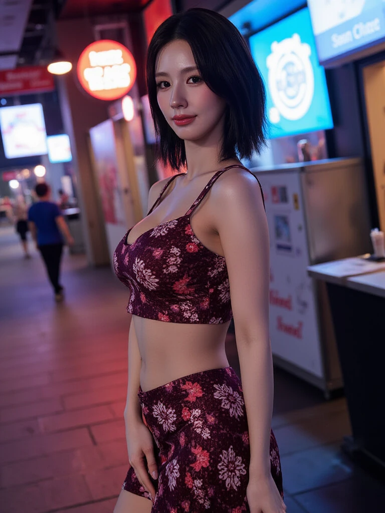 Best quality,tmasterpiece,1girll,red tinted hair,short detailed hair,eBlue eyes,shiny skins,sunflare,an award winning photograph, Wide-angle photo on the catwalk, stage lighting,Healthy body, closeup cleavage, with dynamism, Photorealistic, Realistic, Dramatic, Dark, Sharp focus, 8K,20yr old,fully body photo((top-quality,8K,tmasterpiece:1.3)),Sharp focus:1.2,Beautiful Women in Perfect Figure:1.4,The abdomen is slender:1.2,((Layered Hair Style,:1.2)),Large breasts 1.3,Green floral miniskirt,(distance:1.2),Yellow robe,Moist body:1.1,Very delicate face and skin texture,Detailed eyes,二重まぶた, suntanned skin,Raised sexy,marron marron,Real skin,Real eyebrows,Blue eyeballs,perfect proportion of body,facing away from the audience,Twist back,Exercise posture,looking at viewert,Gaze towards the viewer,Catwalk walk