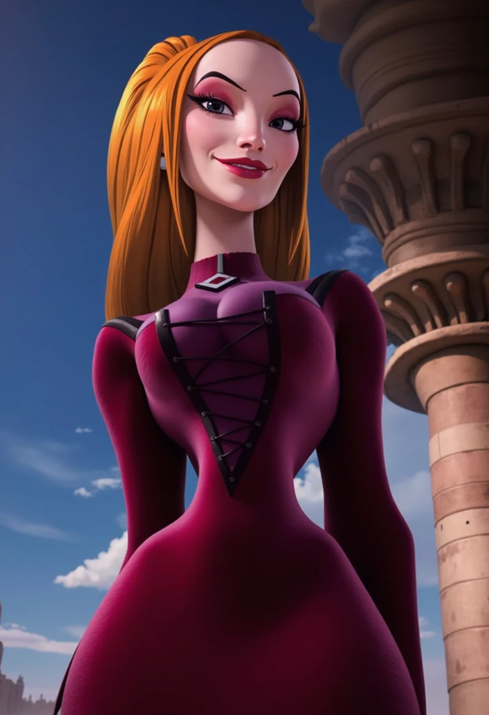 (ultra realistic,32k, masterpiece:1.2),(high detailed skin:1.1),( high quality:1.1),
<lora:Gladys:0.8>Gladys,(open mouth:1.1), orange hair, green eyes, lips, long hair, small earrings, purple dress, sleeveless,spellbound tower, swirling spells, mystical experiments, wizard's abode blurry background,, huge breast,large breast,(looking at viewer, standing, from below:1.1),,<lora:add_detail:0.85>,
(iridescence:1.1),