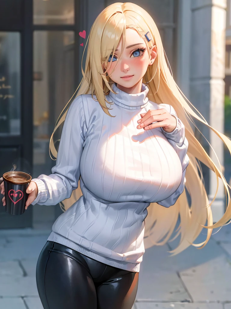 (tmasterpiece, beste-Qualit: 1.4), (modernity), (Cowboy shot), yamanaka ino, 1 girl, 独奏, ass pov, SFW, Awesome girl, (standingn: 1.1), dynamicpose, (Oversized white sweater, knitted sweater: 1.4), (tight yoga pants, dark grey yoga pants: 1,4), wide thighs, (short navy blue jacket, denim jacket: 1,4), longue blonde hair, quiff, heart shaped face, Elegant face, beatiful face, highly detail face, high-detailed skin, pores skin, Subsurface dispersion, (detailed blue eyes), Realistic pupils, big breastes, A loving smile, gaze at the viewer, Blush all over the face, full lips, holds one cup of coffee, in the center, Coffee shop in the background, city street, Sunny day , the wind, Detailed background, Depth of field, atmospheric perspective, voluminous lighting, sharp-focus, absurdity, Realistic Proportion, good anatomy, (realisti, A hyper-realistic: 1.4),