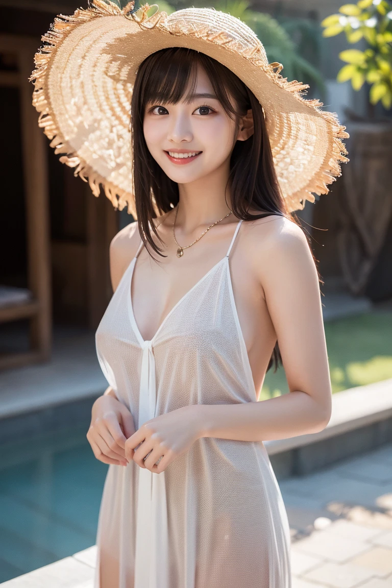 highest quality、Japanese、brown short hair、short girl、dark pubic hair、Covered in semen、surrounded by men、Insert the penis、straw hat、white dress、Roll up the dress、naked、small breasts、sweaty、orgasm、heavy breathing