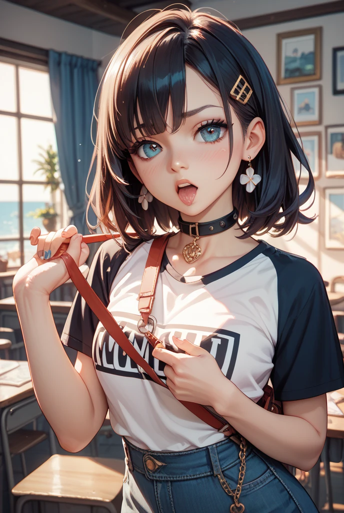 ((Biologically correct limb count))、((Full Body Shot, Full-body photo including face))、4K、masterpiece、((Focus on the face))、((Symmetrical facial features))、Eyes of meticulous depiction、Beautiful woman、Excellent style、Beautiful feet、(High heels)、Facial detailing、Small earrings、necklace、((Close-up photo of the upper body))、(Upper body T-shirt、Shorts)、Park scenery on a holiday morning、A big smile、sweating、Running Scene、