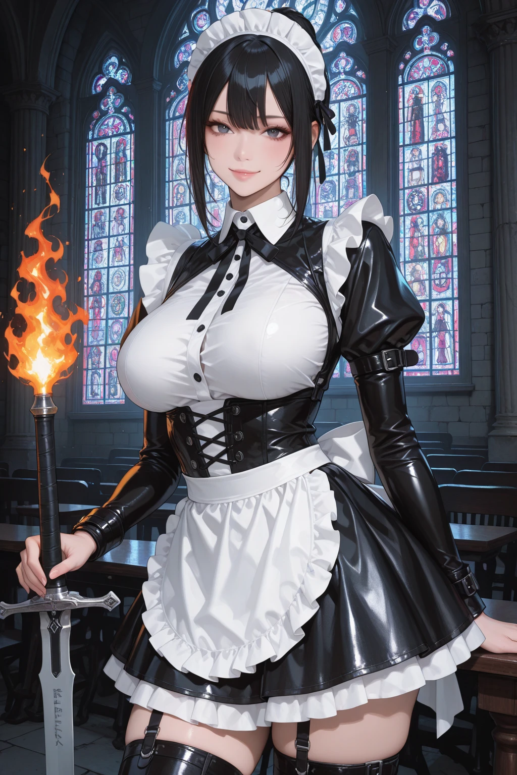 high quality, detailed, Realistic, (16 years old japanese idol maid boy), (detailed black eyes), (black short hair),  (shiny skin), dungeon, (apron, head dress), (tiny thongs), (bulge:1.2), candle, (detailed nipples), detailed areola,