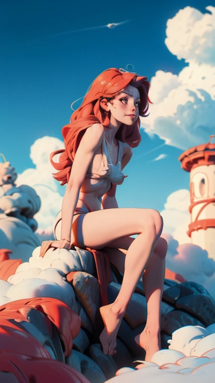 Beautiful colorful fairy island in middle of the sea, many fairytale, a nature bathtub in the island, 1girl, solo, lingerie, standing on island, mixed American and asian, (best quality, 8k, masterpiece: 1.3), Selfie, inspired by renaissance drawings